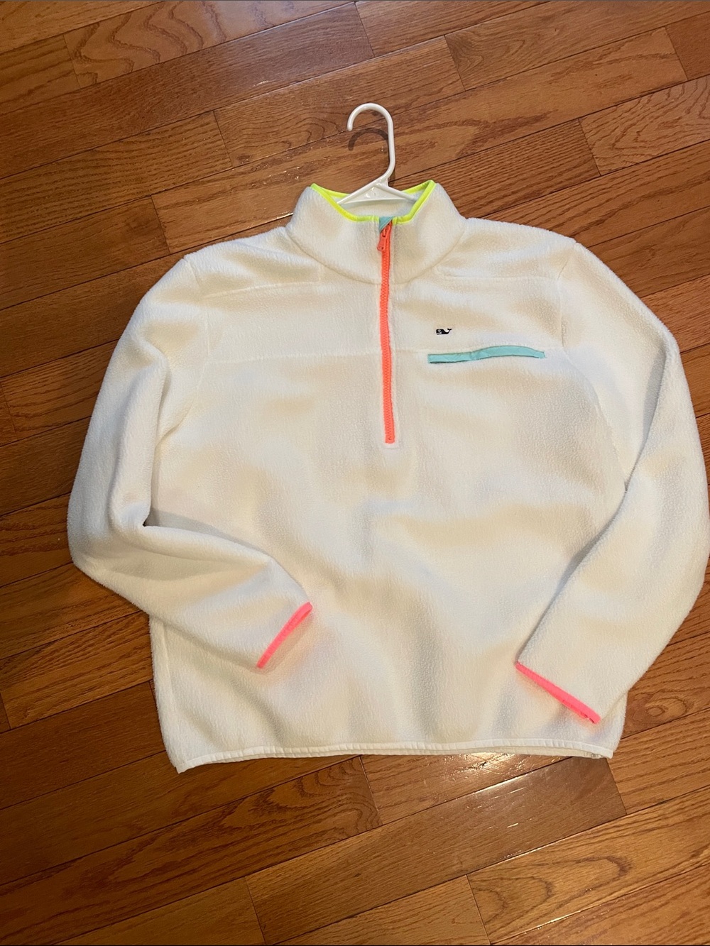 Vineyard Vines White Sherpa Pullover with Pink Whale Logo and Light Aqua /neons